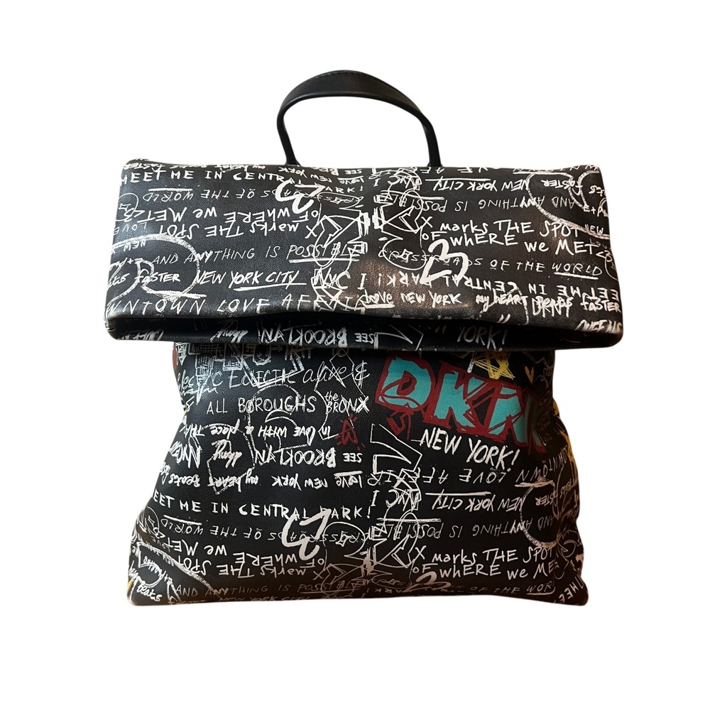 DKNY New York Graffiti Print Backpack Black Faux Leather Foldover Streetwear